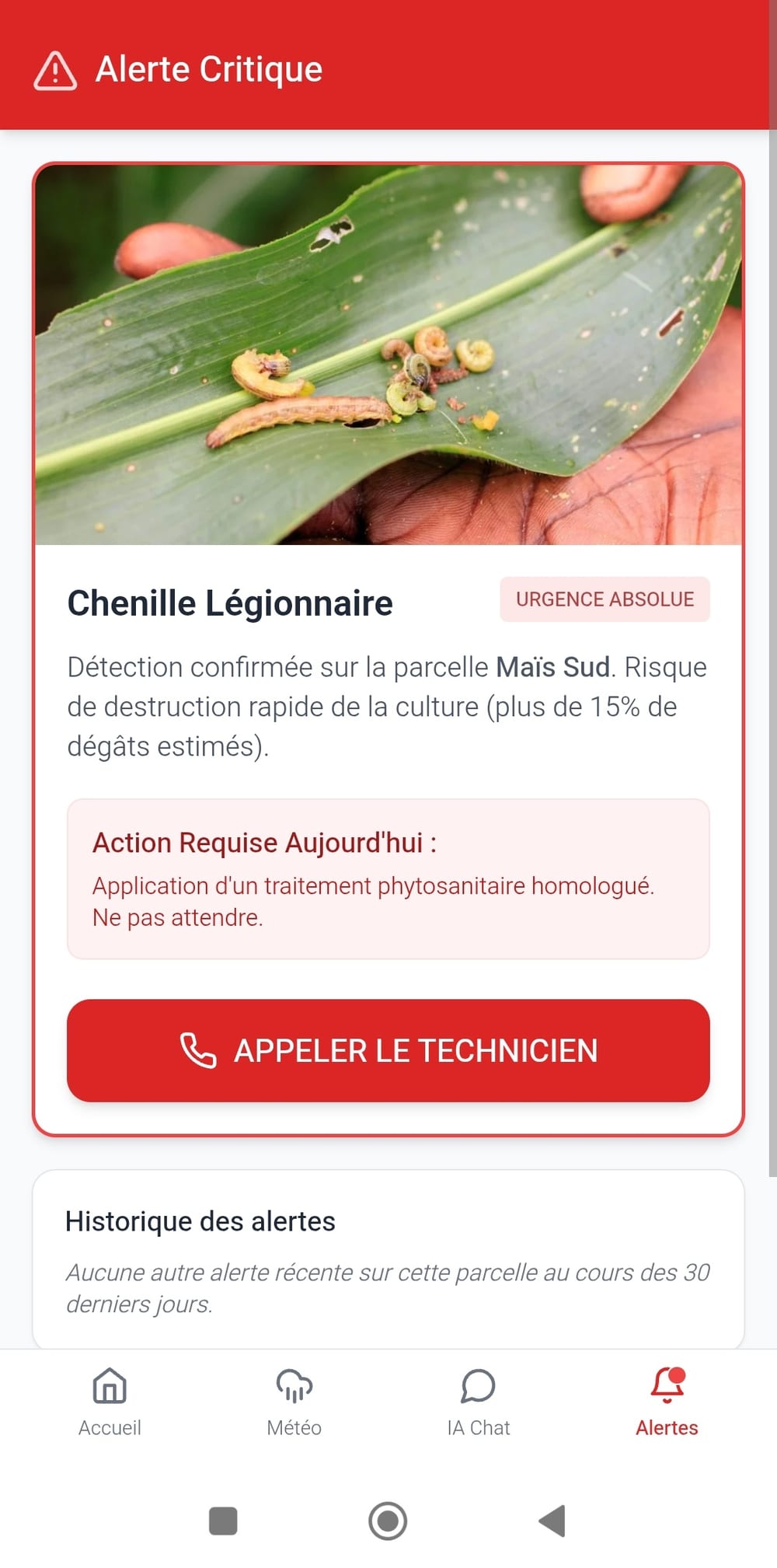 Exemple d'alerte critique dans l'application