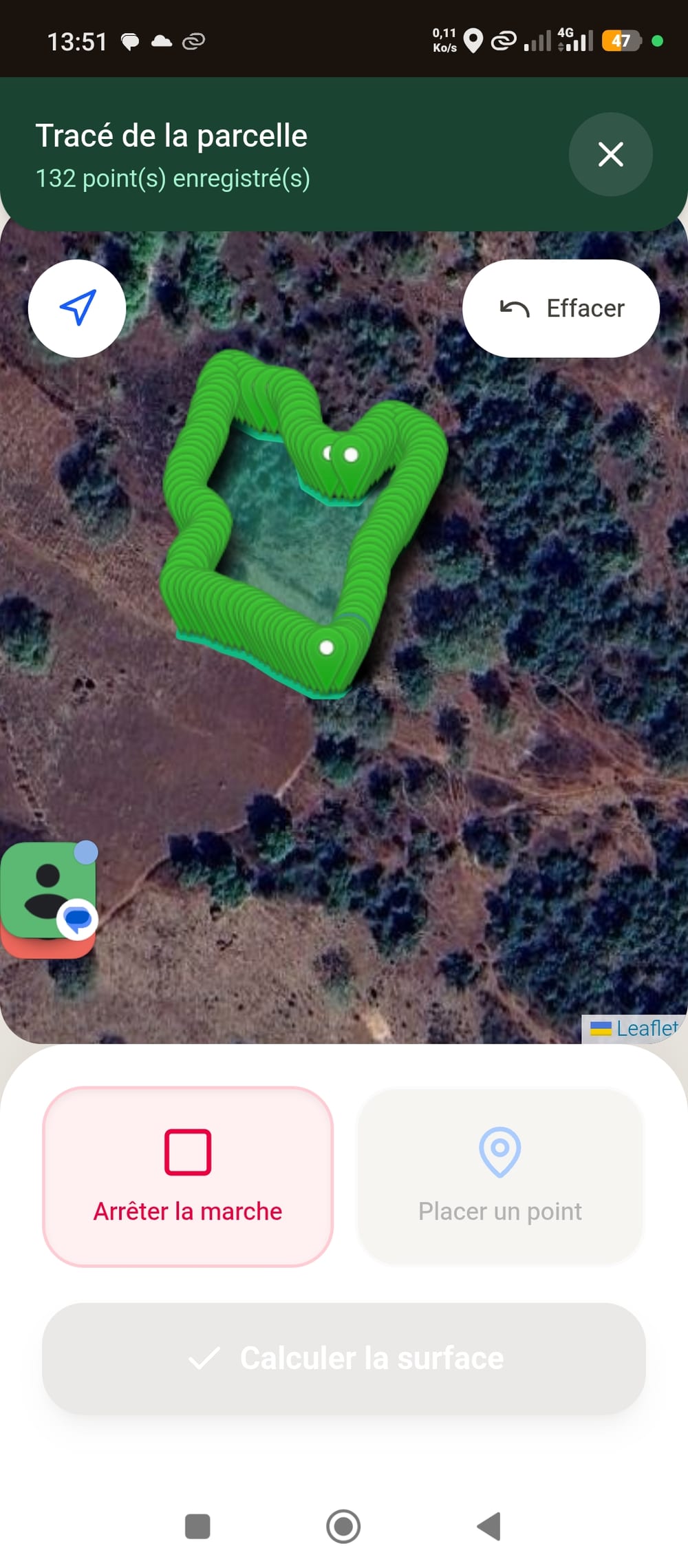 Tracé GPS en cours sur le terrain, 132 points enregistrés