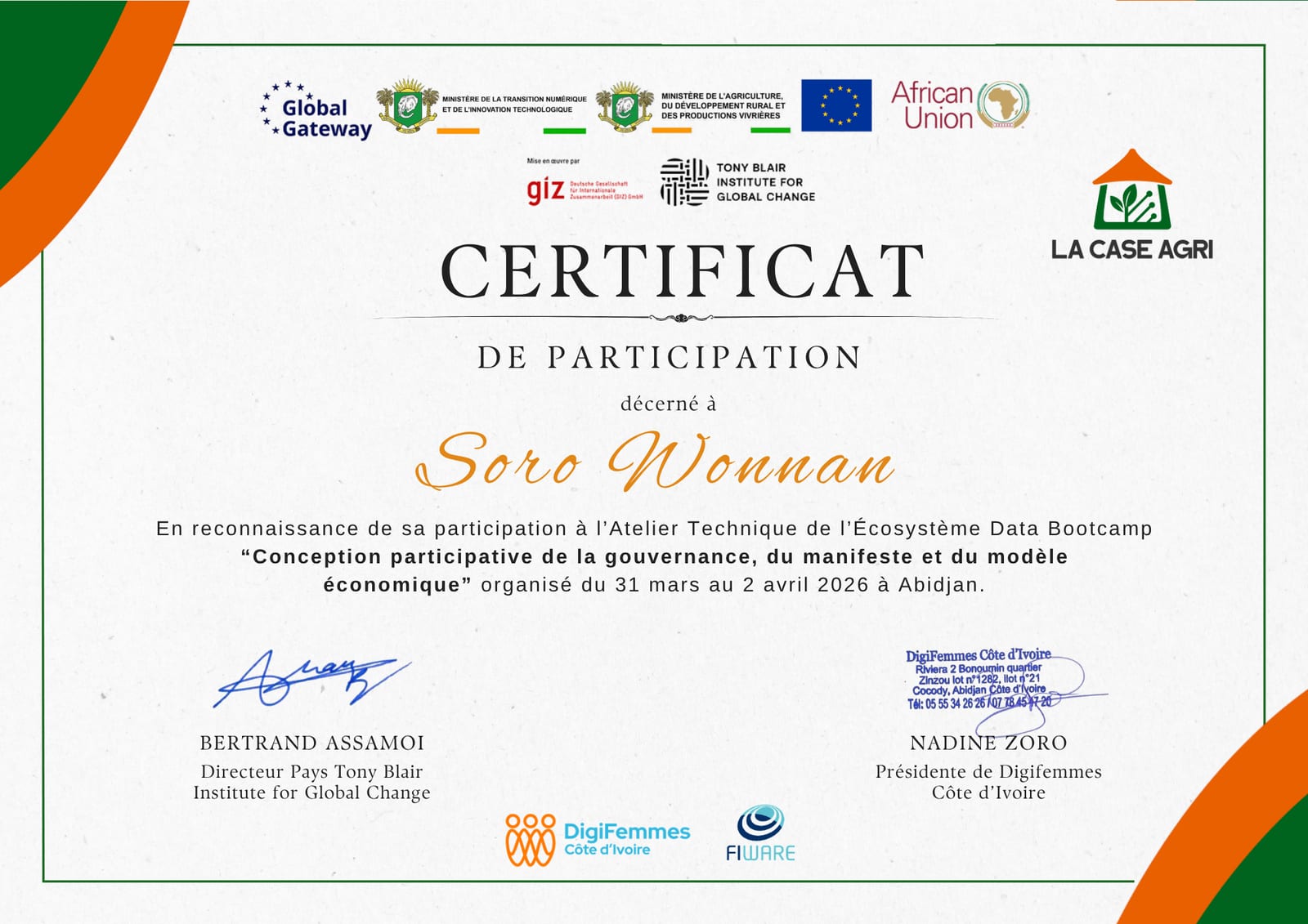Certificat de participation au Data Bootcamp